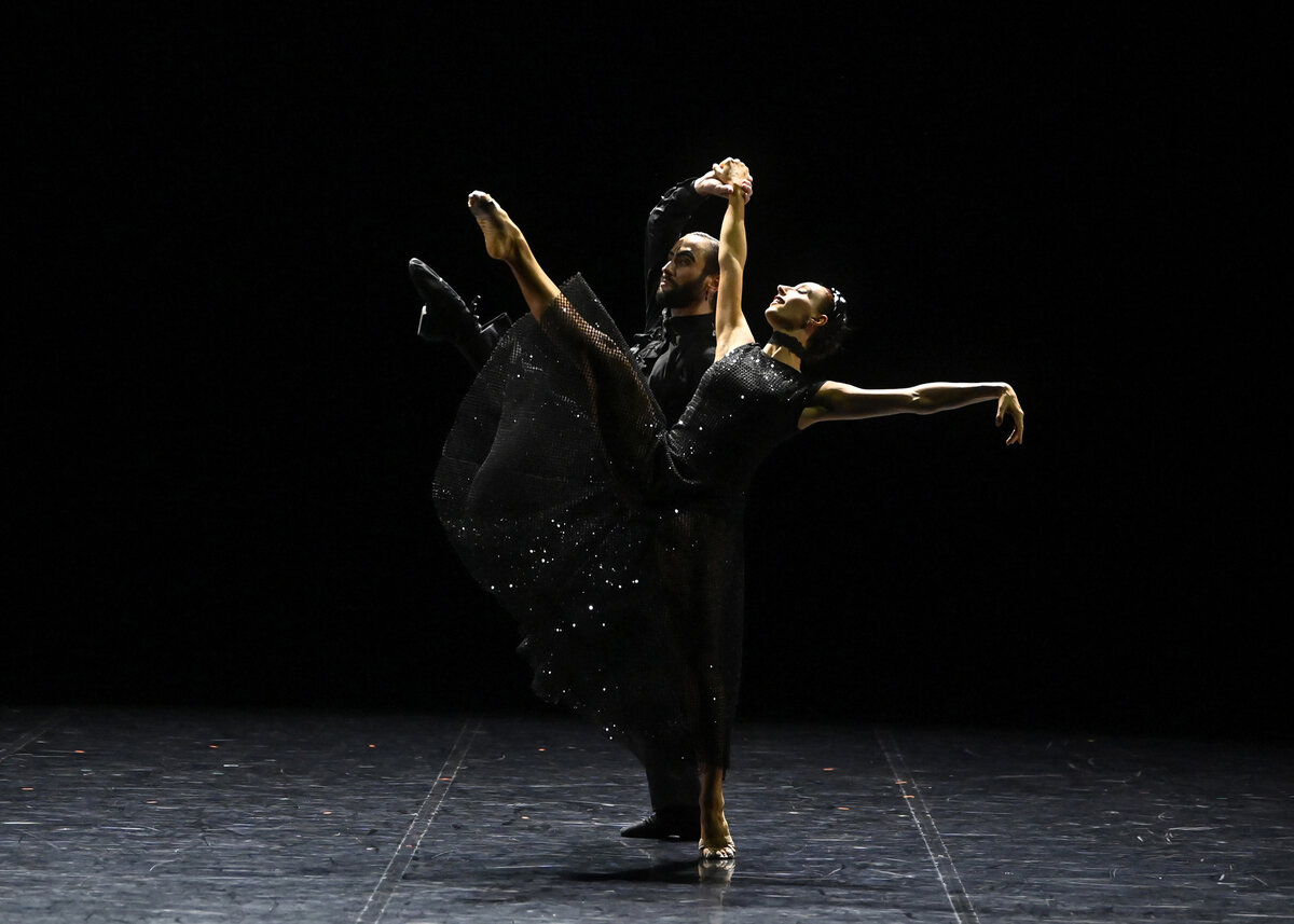Swan Lake ballet with two dancers in black costumes on stage