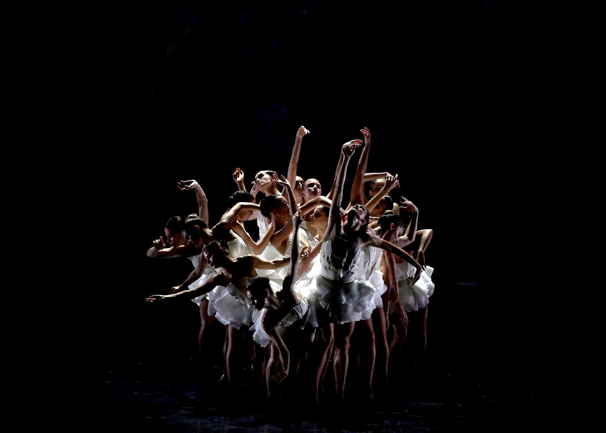 Swan Lake ballet stage with a group of dancers with artsy lighting